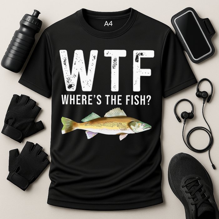 WTF Wheres The Fish Walleye Pike Funny Fishing Gifts Cooling Performance Crew T-Shirt