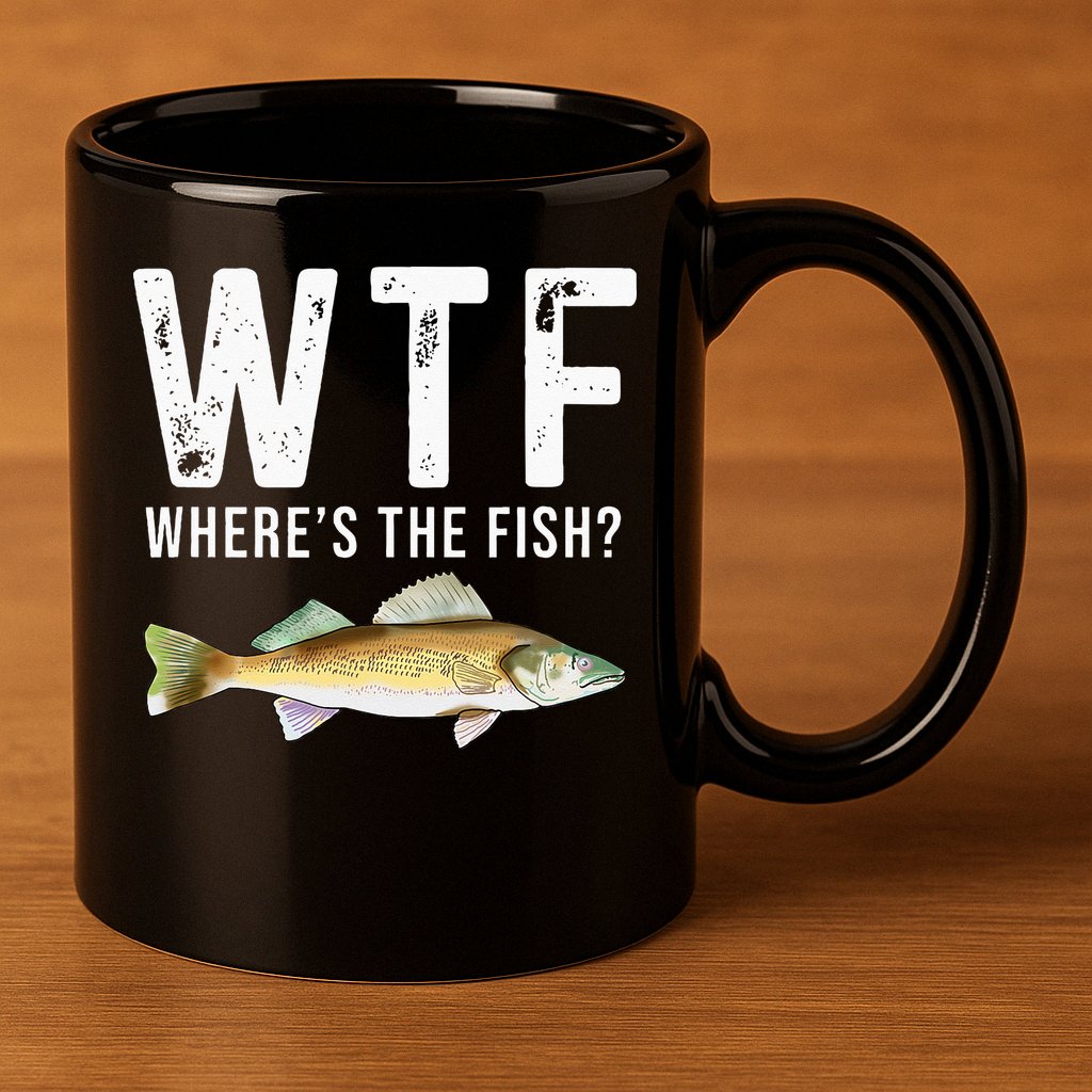 WTF Wheres The Fish Walleye Pike Funny Fishing Gifts 11oz C Handle Ceramic Mug