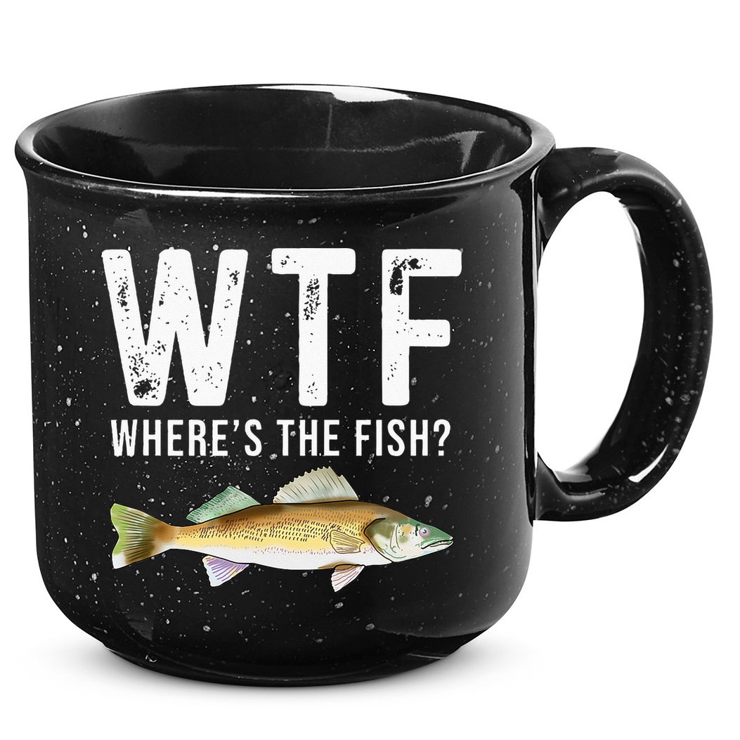 WTF Wheres The Fish Walleye Pike Funny Fishing Gifts 15oz Campfire Ceramic Mug