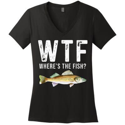 WTF Wheres The Fish Walleye Pike Funny Fishing Gifts Women's V-Neck T-Shirt