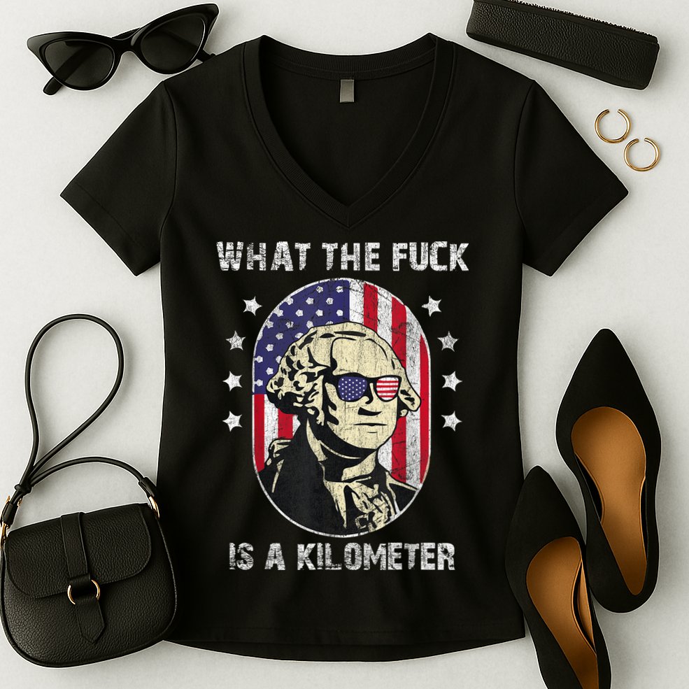 WTF What The Fuck Is A Kilometer George Washington July 4th Women's V-Neck T-Shirt