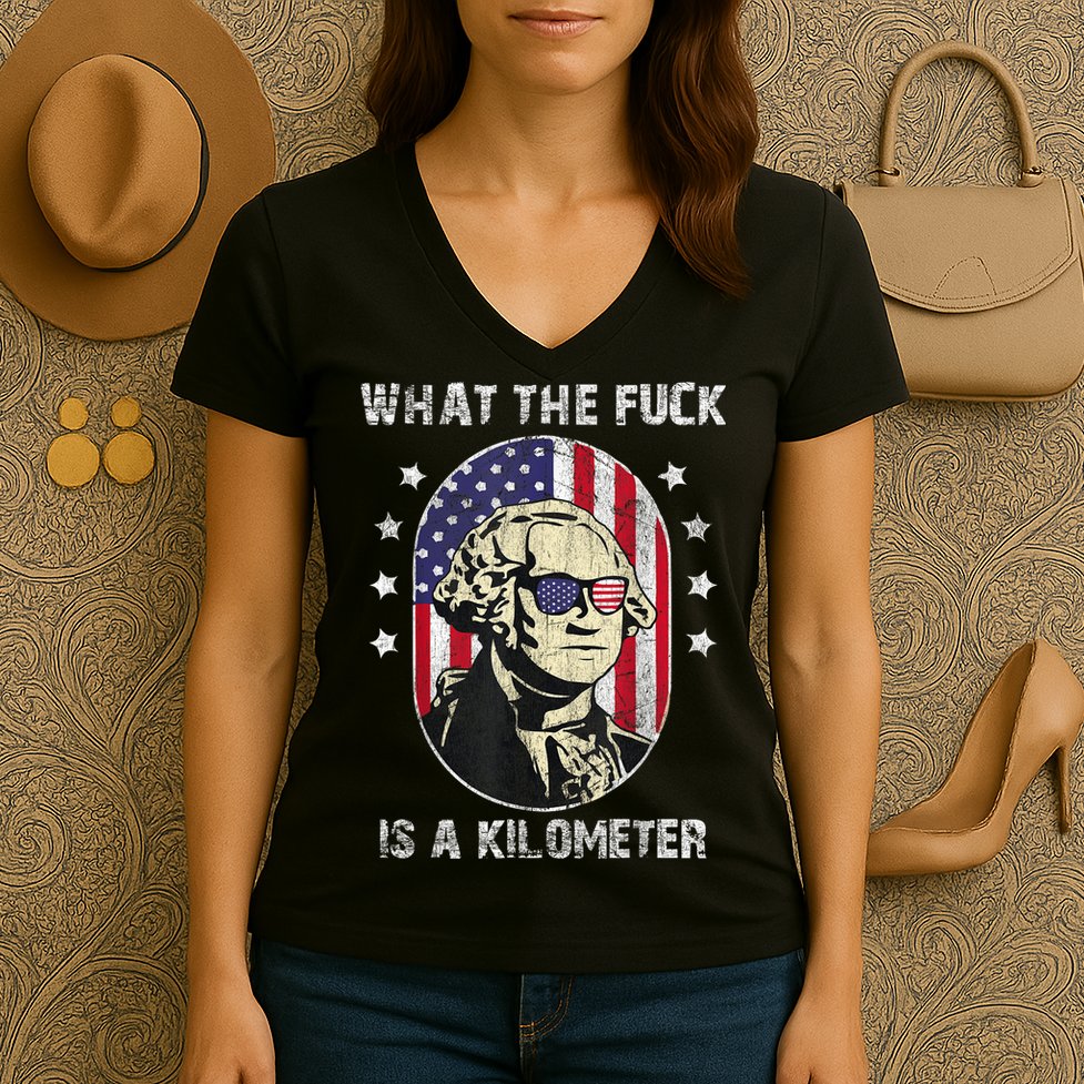 WTF What The Fuck Is A Kilometer George Washington July 4th Women's V-Neck T-Shirt
