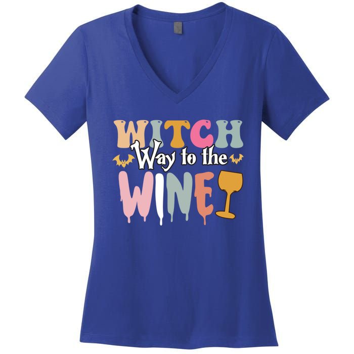 Witch Way To The Wine Funny Halloween Party Design Cool Gift Women's V-Neck T-Shirt