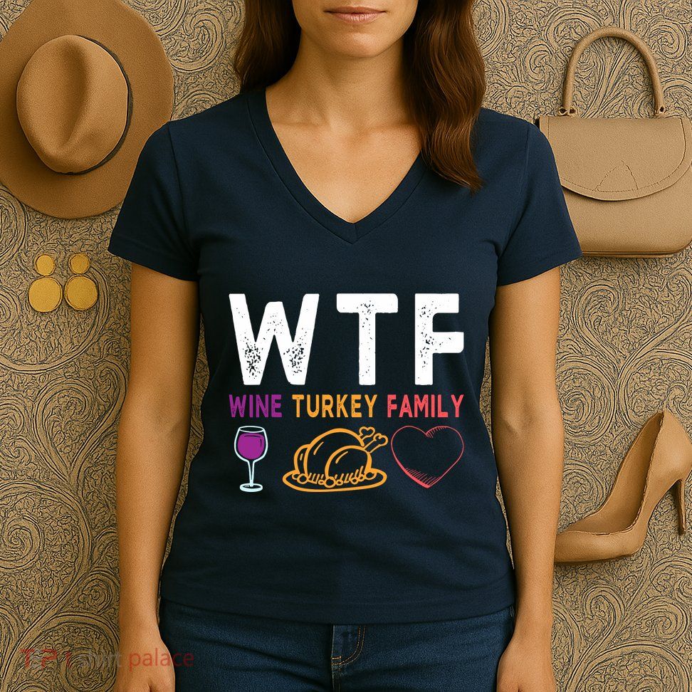 Wtf Wine Turkey Family Funny Thanksgiving Day Women's V-Neck T-Shirt