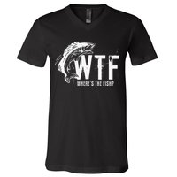 WTF Where's The Fish's Funny Fishing V-Neck T-Shirt
