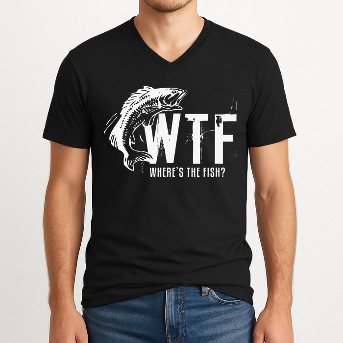 WTF Where's The Fish's Funny Fishing V-Neck T-Shirt