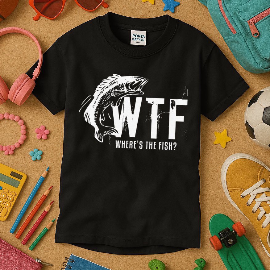 WTF Where's The Fish's Funny Fishing Kids T-Shirt