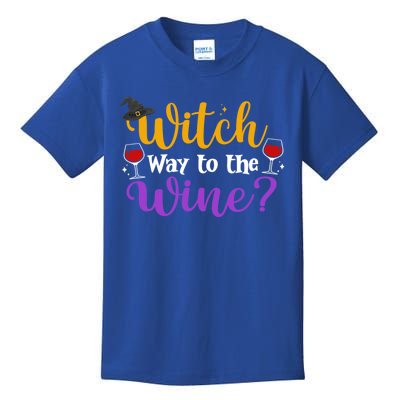 Witch Way To The Wine Funny Halloween Wine Lovers Witch Pun Gift Kids T-Shirt