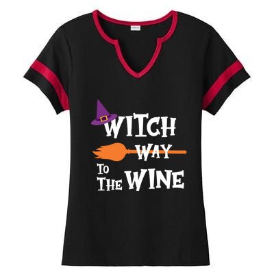 Witch Way To The Wine Funny Halloween Drinking Top Ladies Halftime Notch Neck Tee