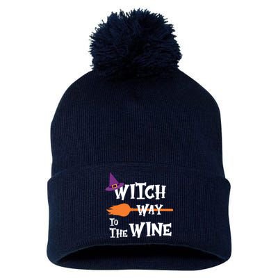 Witch Way To The Wine Funny Halloween Drinking Top Pom Pom 12in Knit Beanie