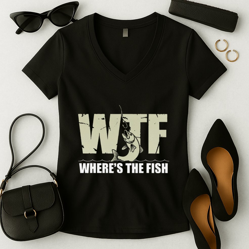 Wtf WhereS The Fish Funny Catching Fish Fishing Fisherman .Png Women's V-Neck T-Shirt