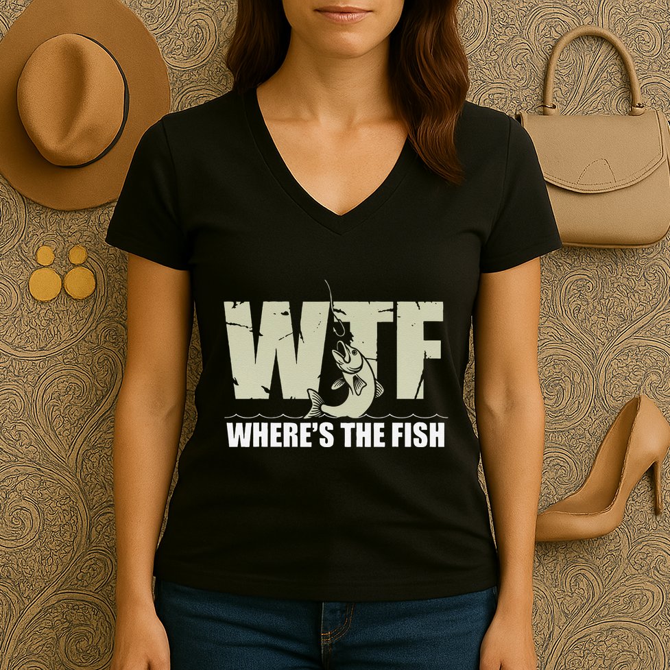 Wtf WhereS The Fish Funny Catching Fish Fishing Fisherman .Png Women's V-Neck T-Shirt