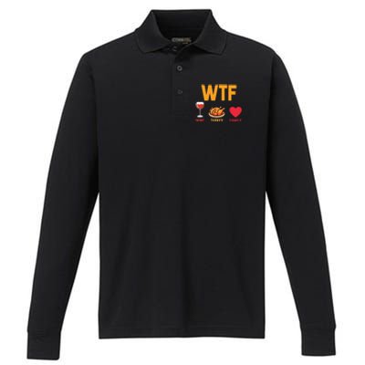 WTF Wine Turkey Family Shirt Funny Thanksgiving Day Performance Long Sleeve Polo