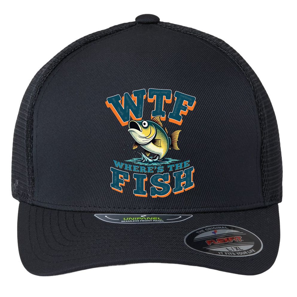Wtf WhereS The Fish Funny Fishing Gifts Fathers Day Flexfit Unipanel Trucker Cap