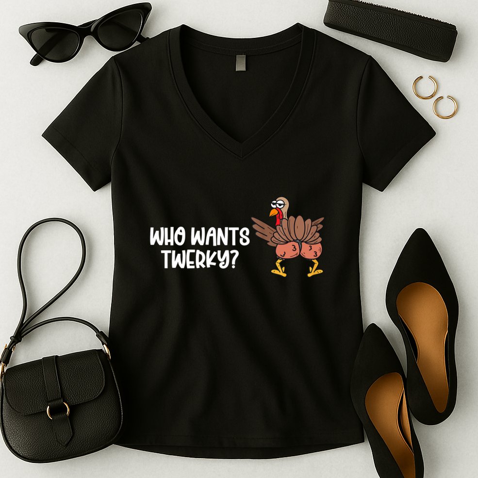 Who Wants Twerky Funny Thanksgiving Women's V-Neck T-Shirt
