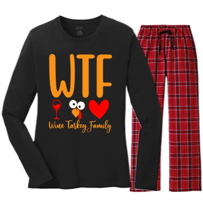 Wtf Wine Turkey Family Funny Thanksgiving Day Women's Long Sleeve Flannel Pajama Set 