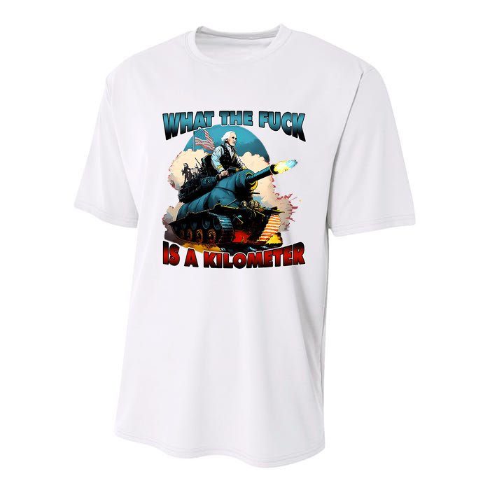 WTF What The Fuck Is A Kilometer George Washington Funny Youth Performance Sprint T-Shirt