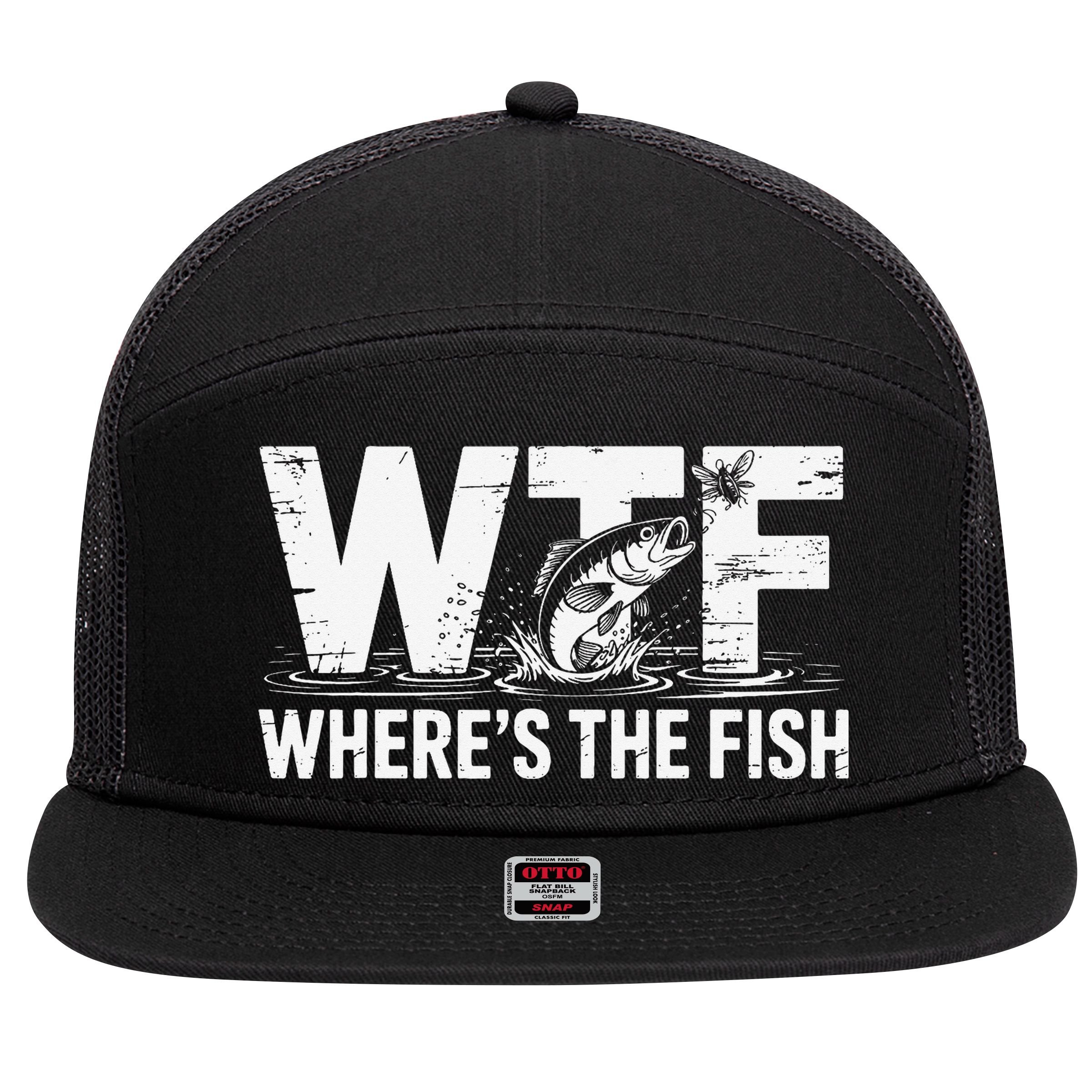 WTF Wheres The Fish Funny Fishing Humor 7 Panel Mesh Trucker Snapback Hat