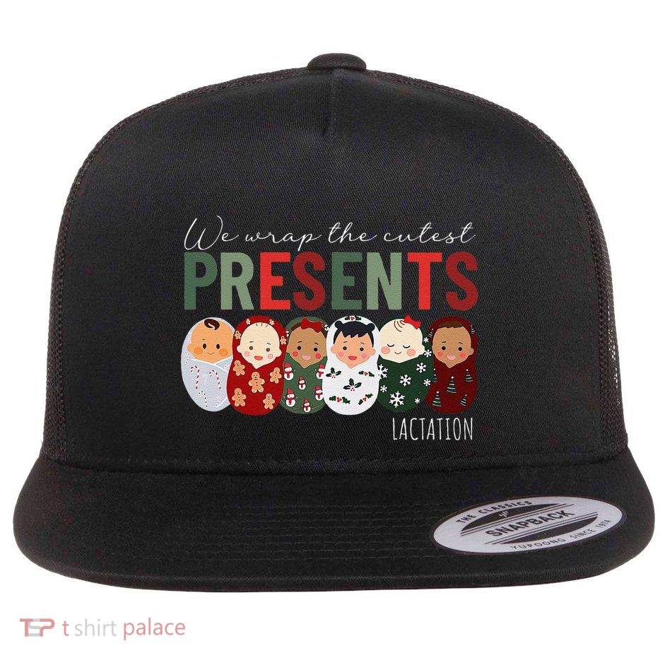 We Wrap The Cutest Presents Lactation Christmas Holiday Flat Bill Trucker Hat