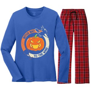 Witch Way To The Wine Halloween Gift Funny Pumpkin Gift Women's Long Sleeve Flannel Pajama Set 