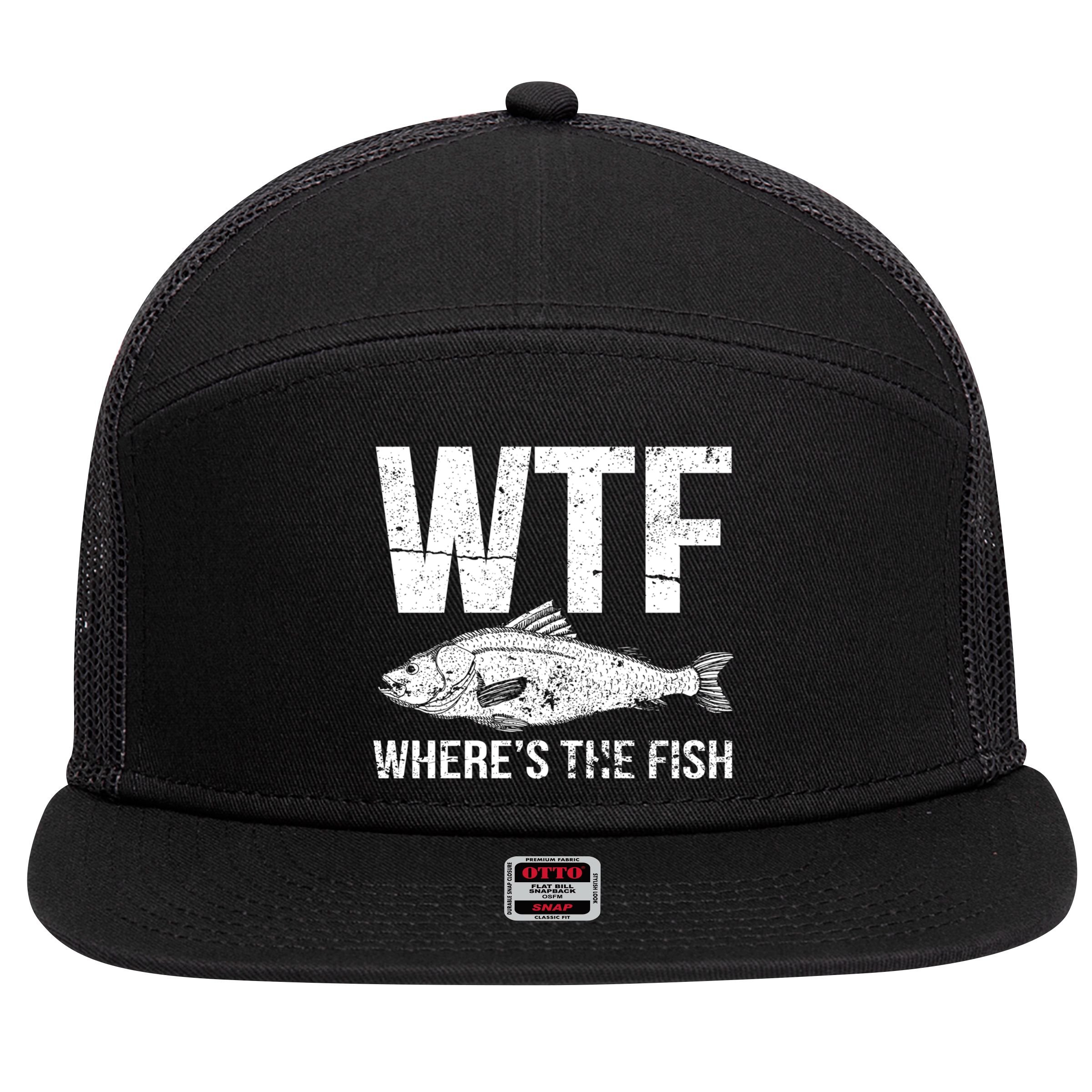 Wtf Wheres The Fish Funny Gift 7 Panel Mesh Trucker Snapback Hat
