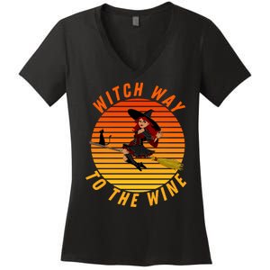 Witch Way To The Wine Halloween Drinking For Wiccan Witches Funny Witch & Wine Women's V-Neck T-Shirt