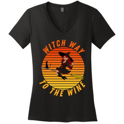 Witch Way To The Wine Halloween Drinking For Wiccan Witches Funny Witch & Wine Women's V-Neck T-Shirt