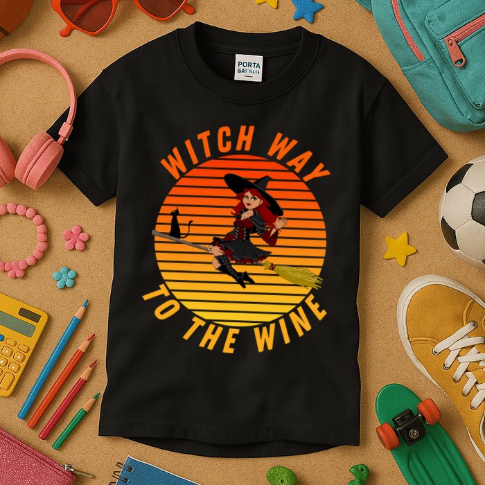 Witch Way To The Wine Halloween Drinking For Wiccan Witches Funny Witch & Wine Kids T-Shirt
