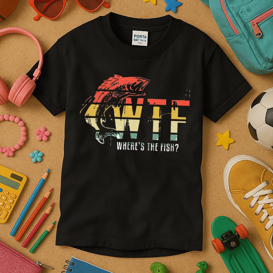 WTF Wheres The Fishs Funny Fishing Kids T-Shirt