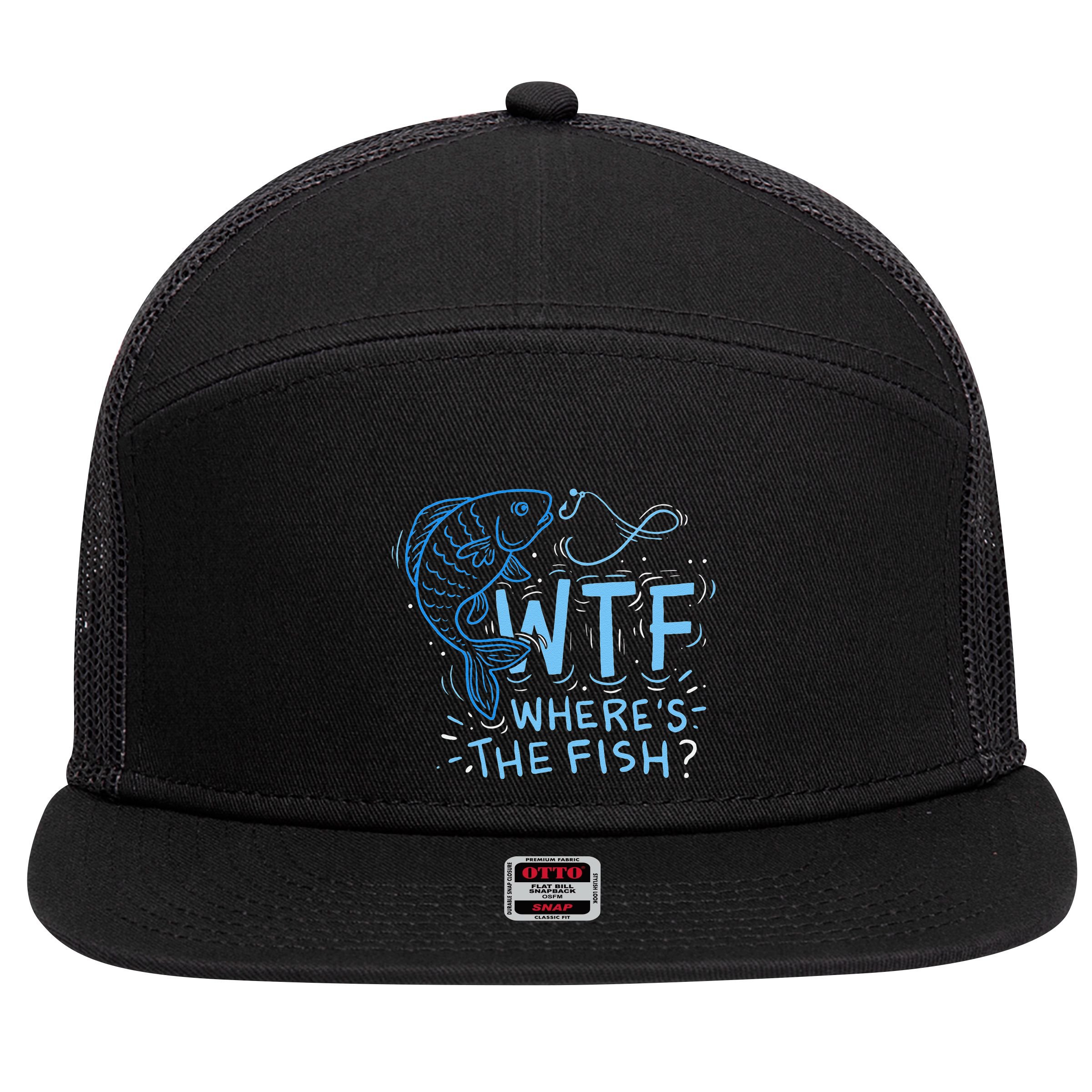 WTF Wheres The Fish Anglers Fisherman Hook Lake 7 Panel Mesh Trucker Snapback Hat
