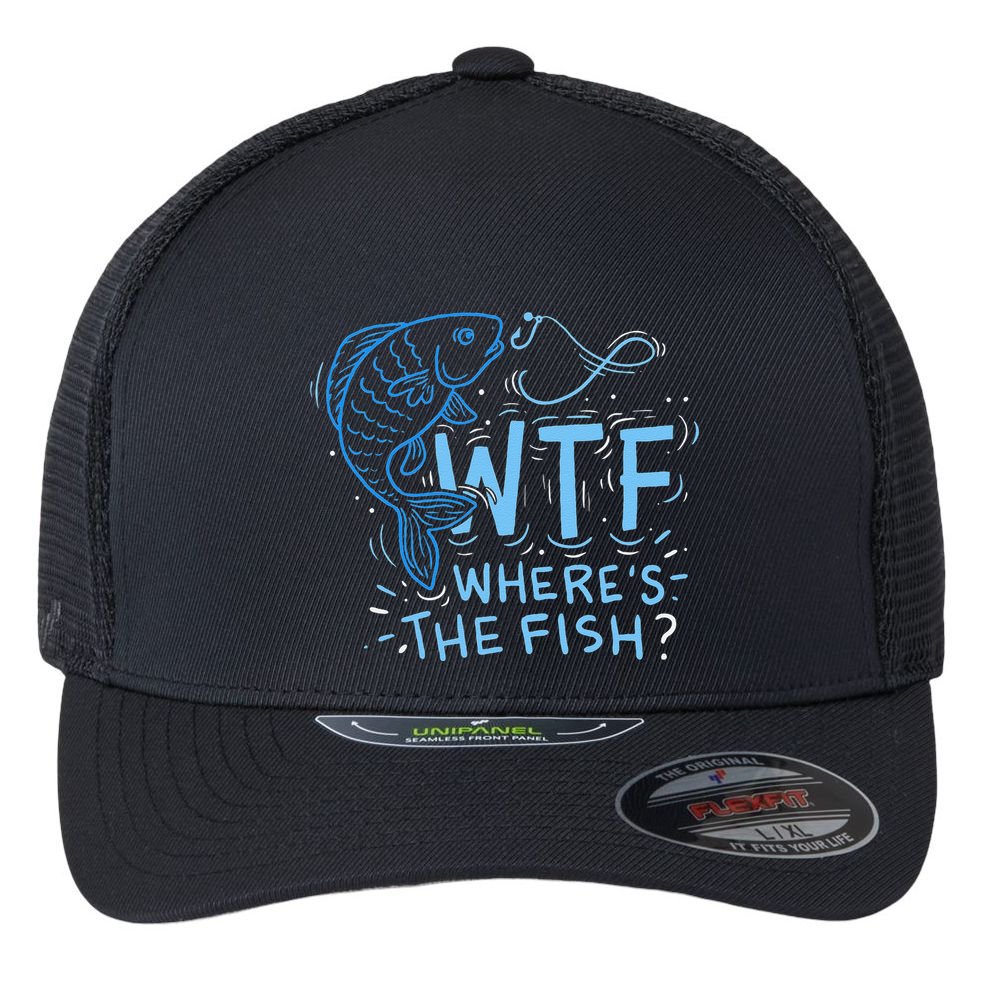 WTF Wheres The Fish Anglers Fisherman Hook Lake Flexfit Unipanel Trucker Cap