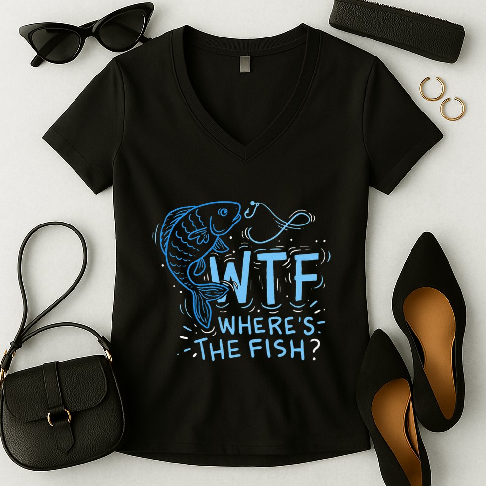 WTF Wheres The Fish Anglers Fisherman Hook Lake Women's V-Neck T-Shirt
