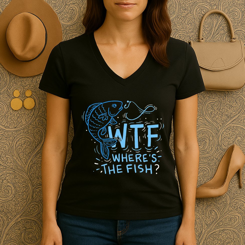 WTF Wheres The Fish Anglers Fisherman Hook Lake Women's V-Neck T-Shirt