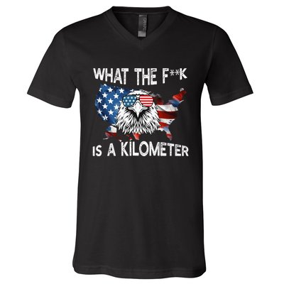 Wtf What The Fuck Is A Kilometer George Washington July 4th Funny Design V-Neck T-Shirt