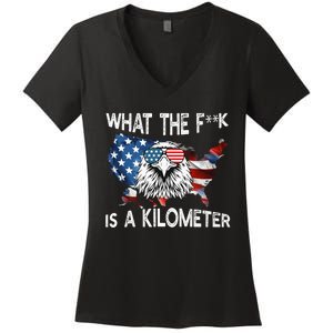 Wtf What The Fuck Is A Kilometer George Washington July 4th Funny Design Women's V-Neck T-Shirt