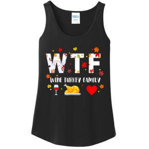 WTF Wine Turkey Family Funny Thanksgiving Day Ladies Essential Tank