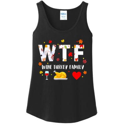 WTF Wine Turkey Family Funny Thanksgiving Day Ladies Essential Tank