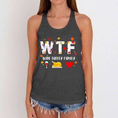 WTF Wine Turkey Family Funny Thanksgiving Day Women's Knotted Racerback Tank