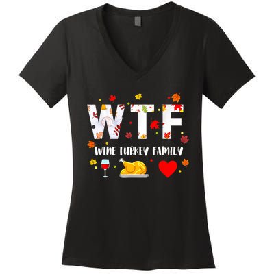 WTF Wine Turkey Family Funny Thanksgiving Day Women's V-Neck T-Shirt