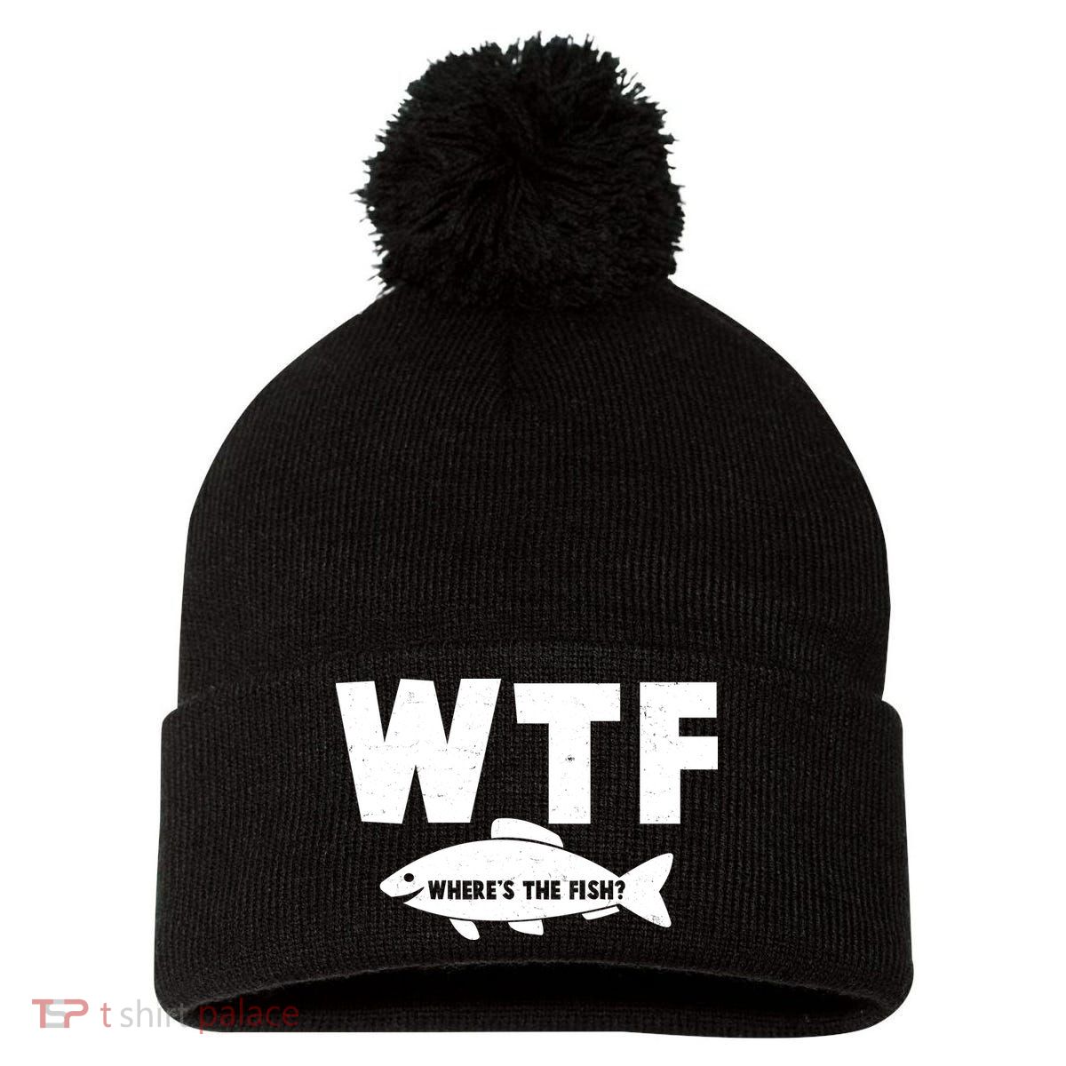 WTF Where's The Fish Fishing Fan Pom Pom 12in Knit Beanie
