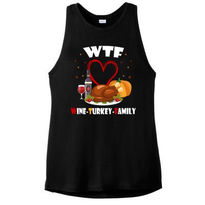 WTF Wine Turkey Family Thanksgiving Ladies PosiCharge Tri-Blend Wicking Tank