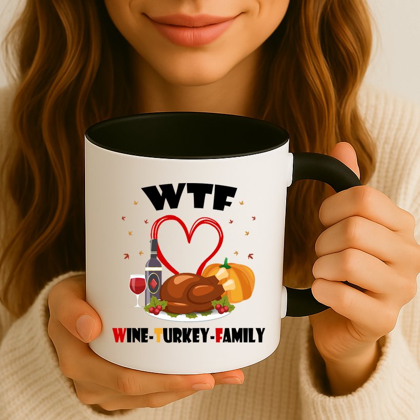 WTF Wine Turkey Family Thanksgiving Mug