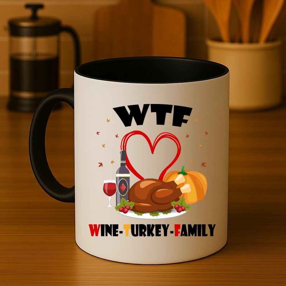 WTF Wine Turkey Family Thanksgiving Mug