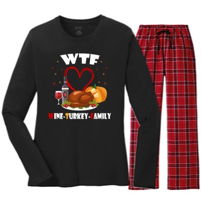 WTF Wine Turkey Family Thanksgiving Women's Long Sleeve Flannel Pajama Set 