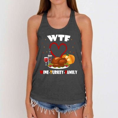 WTF Wine Turkey Family Thanksgiving Women's Knotted Racerback Tank