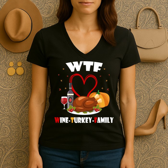 WTF Wine Turkey Family Thanksgiving Women's V-Neck T-Shirt
