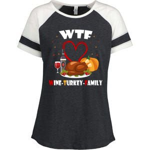 WTF Wine Turkey Family Thanksgiving Enza Ladies Jersey Colorblock Tee