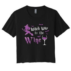 Witch Way To The Wine Funny Drinking Party Halloween Graphic Long Sleeve Women's Crop Top Tee