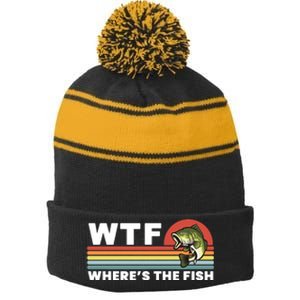 WTF Where's The Fish Funny Fisherman Stripe Pom Pom Beanie