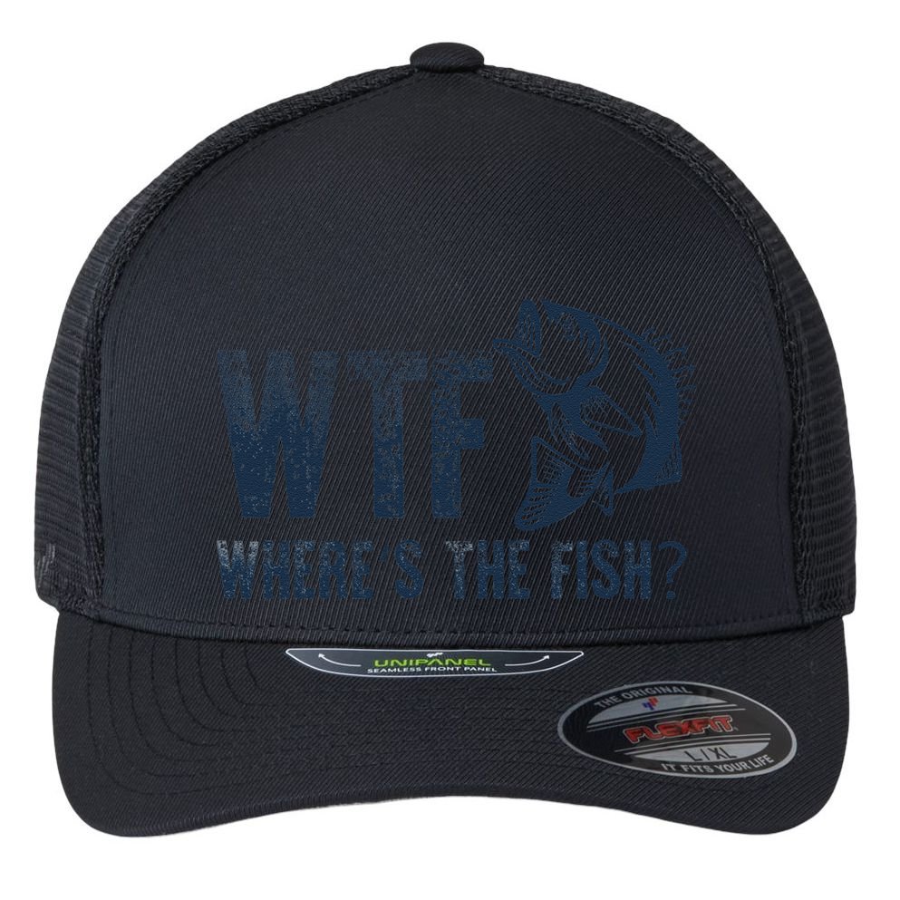 Wtf WhereS The Fish Funny Fishing Fisher Fathers Day Flexfit Unipanel Trucker Cap